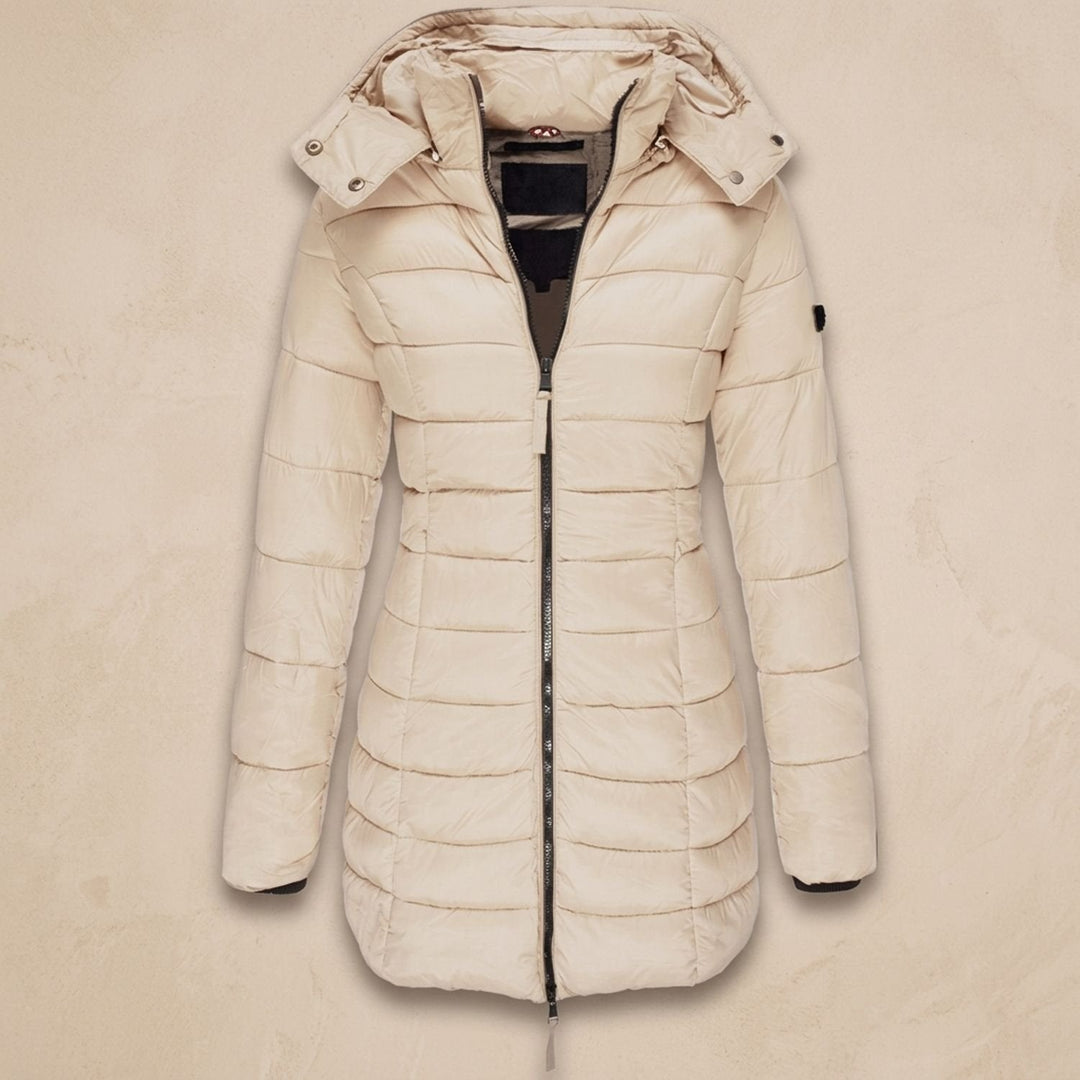 Winterjas dames gequilteerd midi met afneembare kap (5)