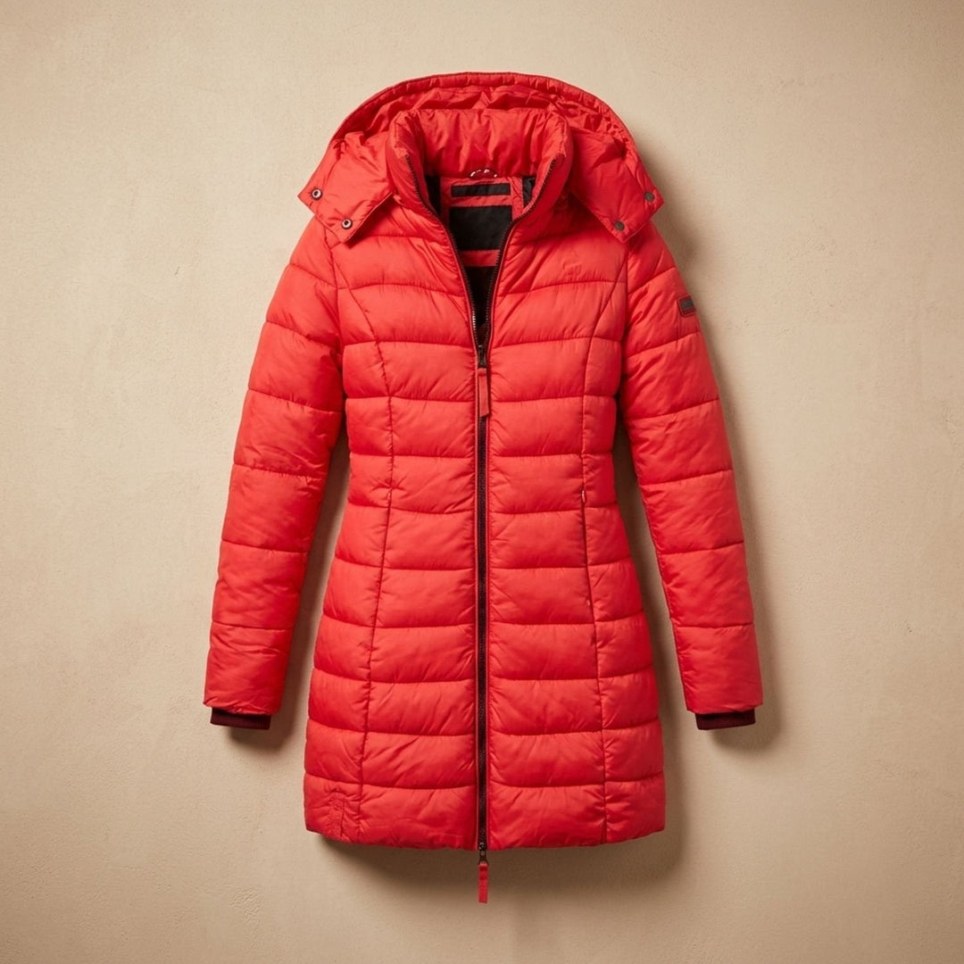 Winterjas dames gequilteerd midi met afneembare kap (6)