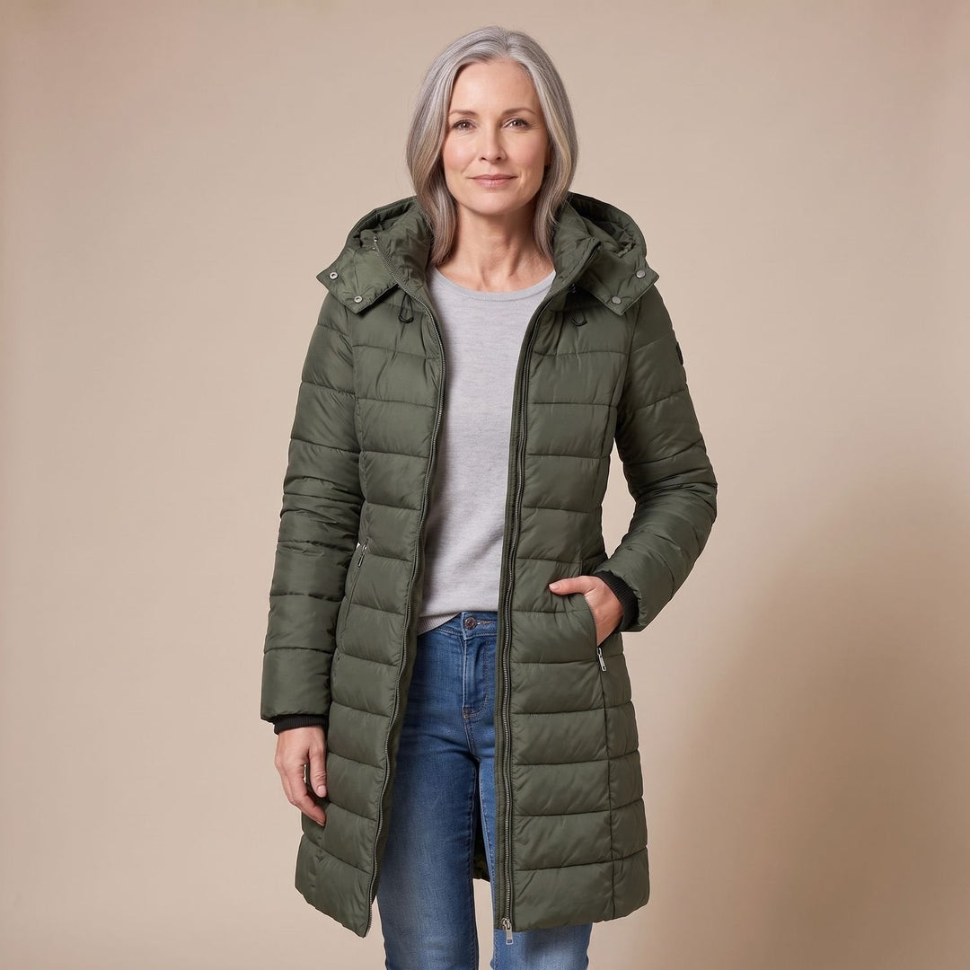 Winterjas dames gequilteerd midi met afneembare kap in Groen