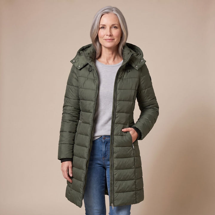 Winterjas dames gequilteerd midi met afneembare kap in Groen