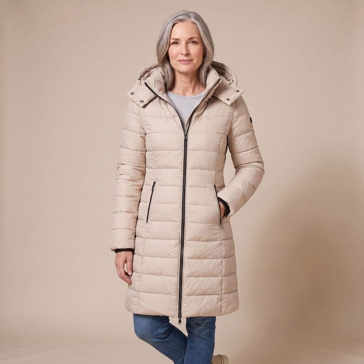 Winterjas dames gequilteerd midi met afneembare kap in Khaki