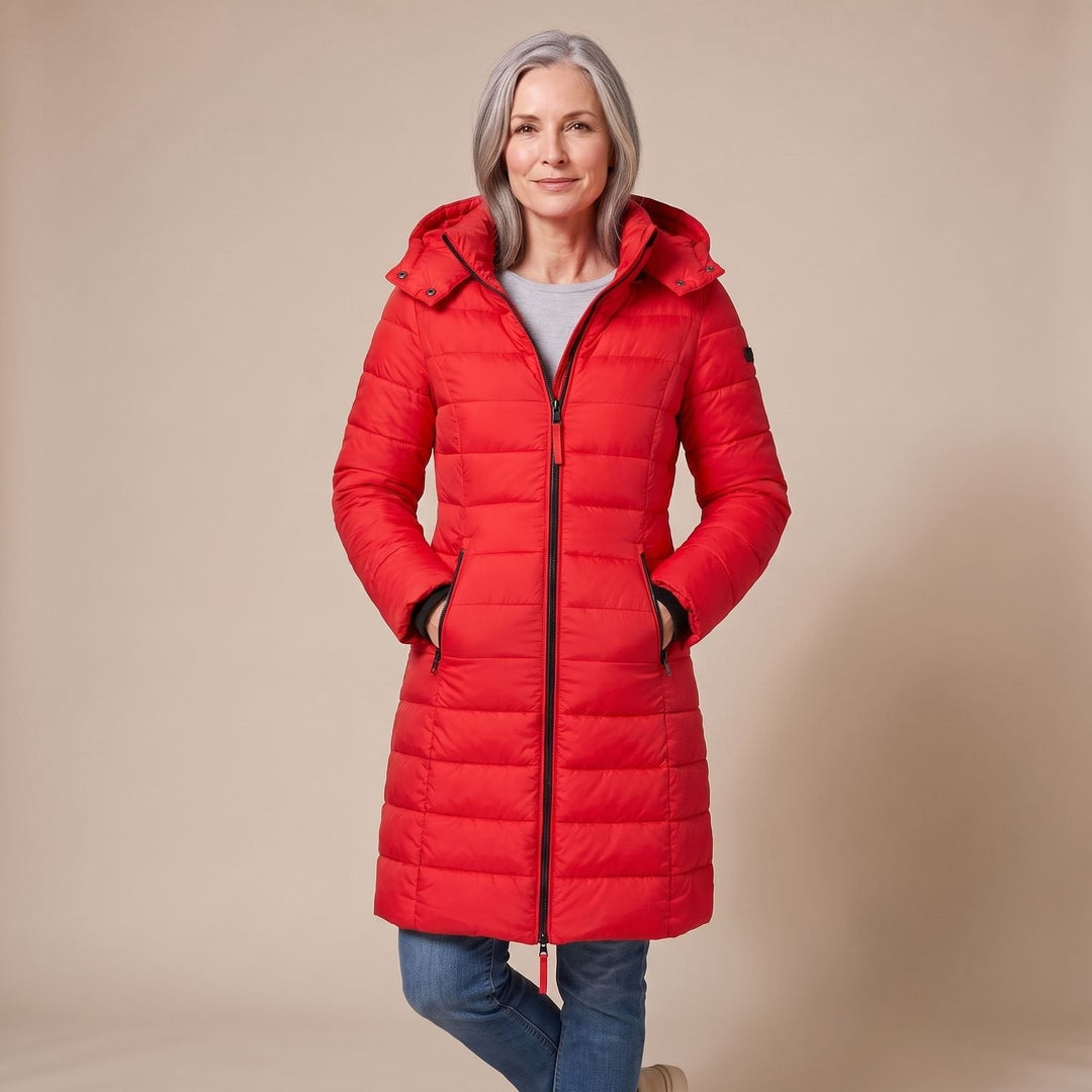 Winterjas dames gequilteerd midi met afneembare kap in Rood