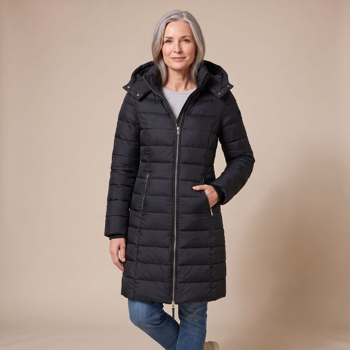 Winterjas dames gequilteerd midi met afneembare kap in Zwart