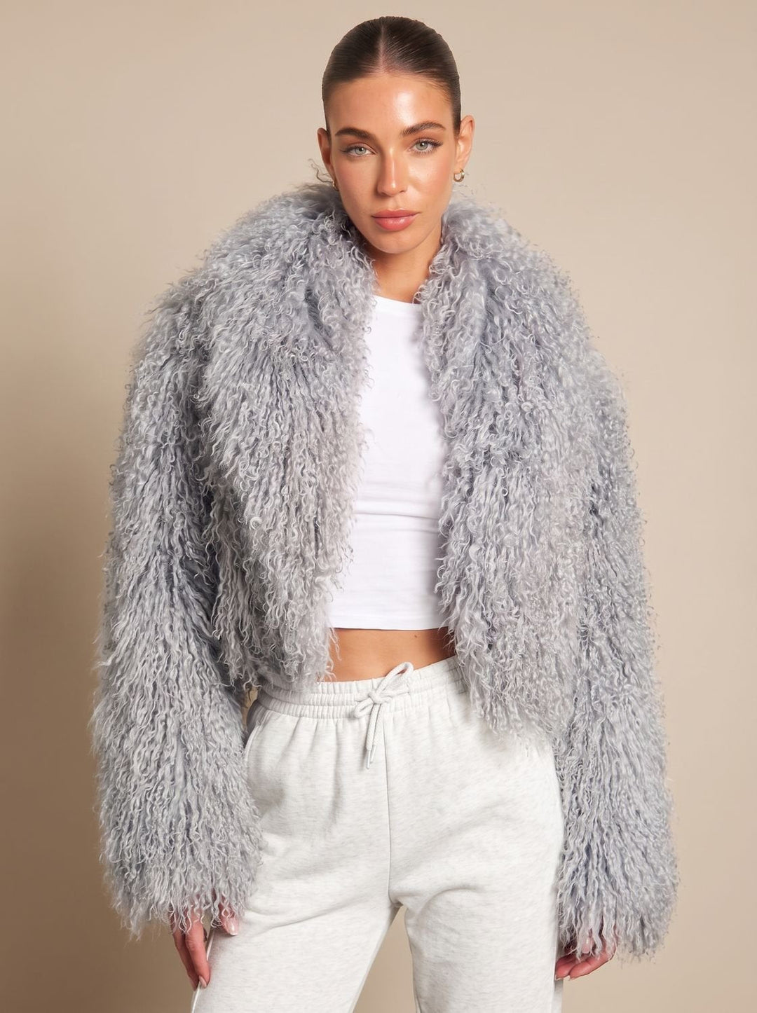 Winterjas dames in faux-fur teddy-stijl volumeuze snit in Grijs
