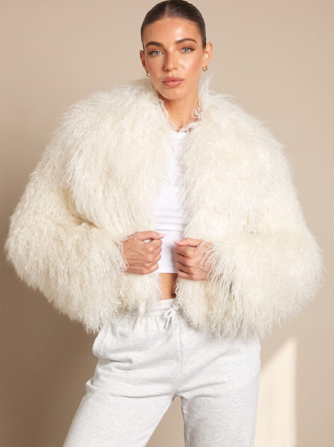 Winterjas dames in faux-fur teddy-stijl volumeuze snit in Wit