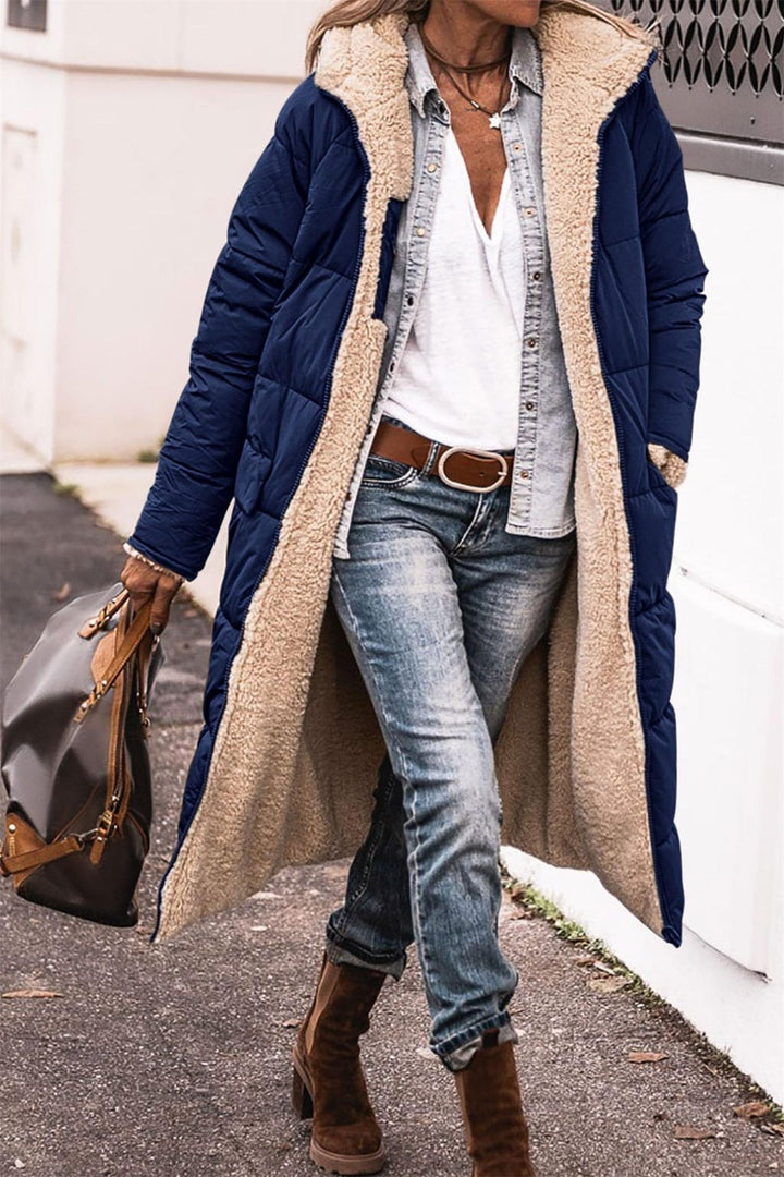 Winterjas Dames Longline Gestept met Sherpa in Blauw