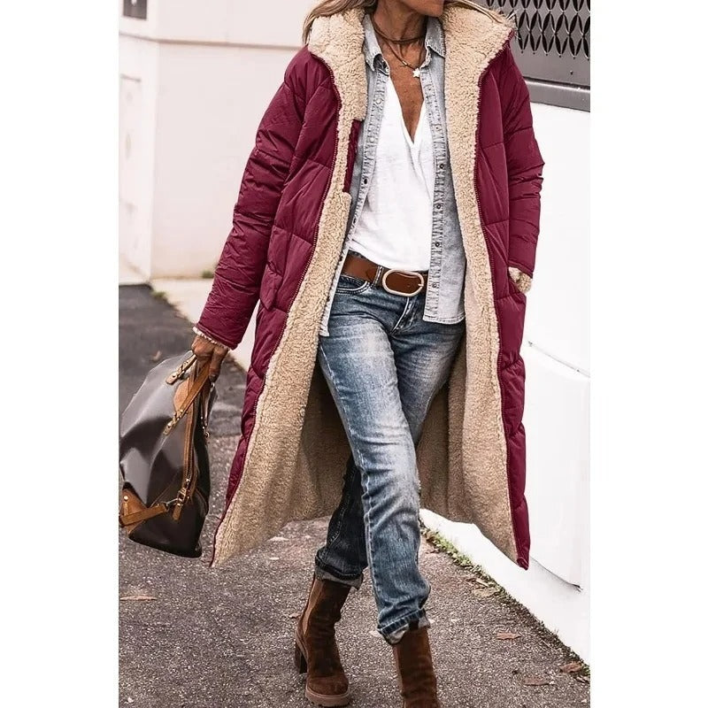 Winterjas Dames Longline Gestept met Sherpa in Bordeaux