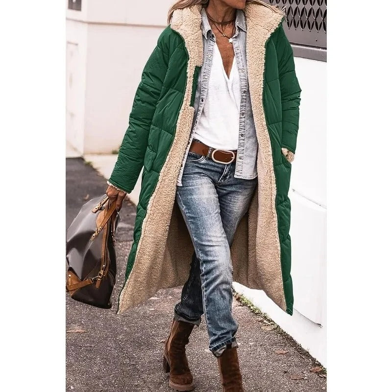 Winterjas Dames Longline Gestept met Sherpa in Groen