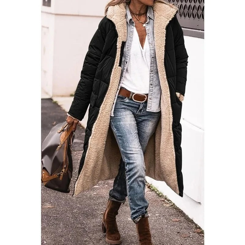 Winterjas Dames Longline Gestept met Sherpa in Zwart