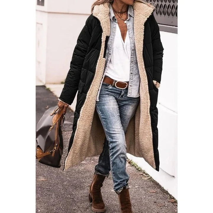 Winterjas Dames Longline Gestept met Sherpa in Zwart