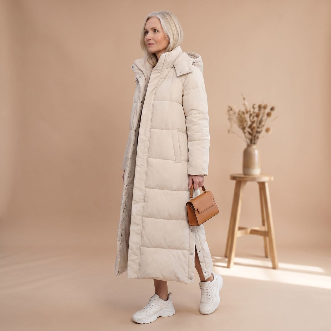 Winterjas Dames met Lange Snit en Capuchon in Beige