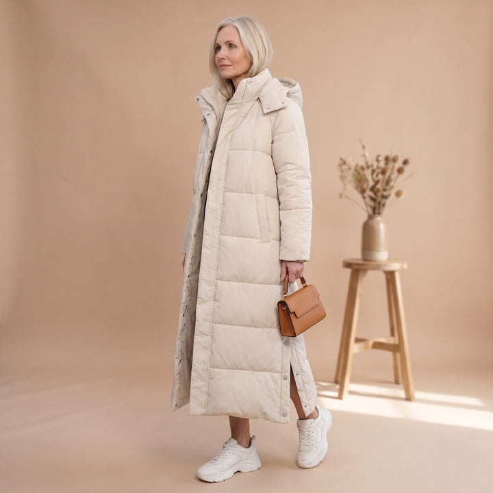 Winterjas Dames met Lange Snit en Capuchon in Beige