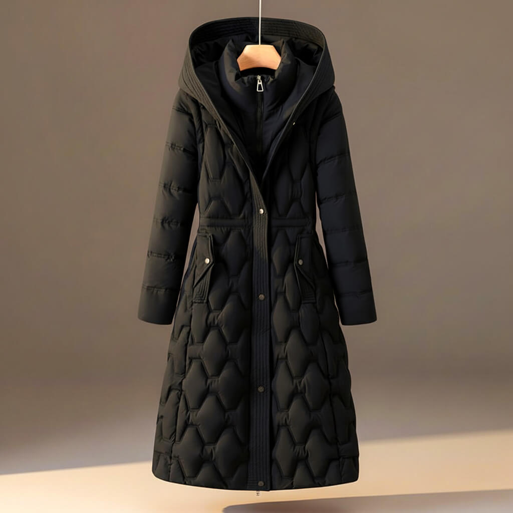 Winterjas Dames met Steppatroon en Kap in Midnight Black