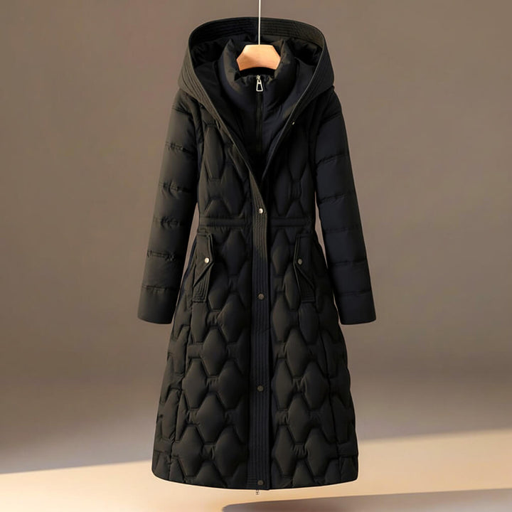 Winterjas Dames met Steppatroon en Kap in Midnight Black