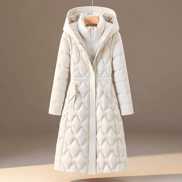 Winterjas Dames met Steppatroon en Kap in Pearl White