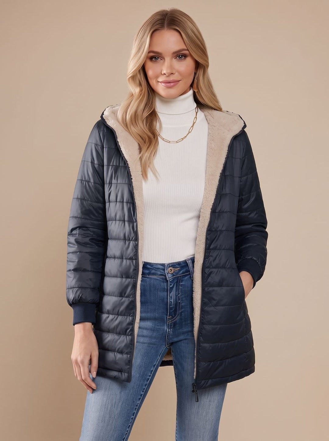 Winterjas Dames met Teddy Capuchon Dijlang in Marineblauw
