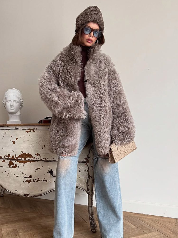Winterjas dames midilange kunstbont oversize in Grijs