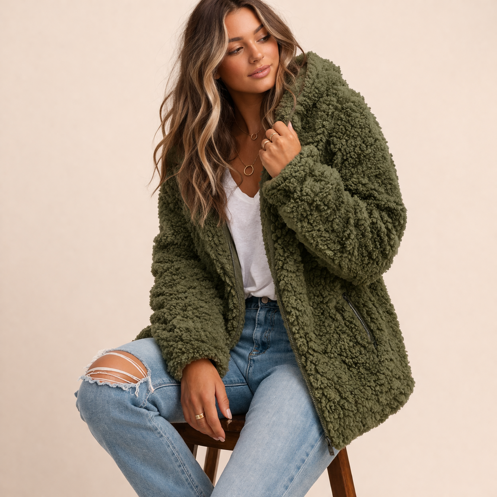 Winterjas dames oversized teddy fleece in Groen