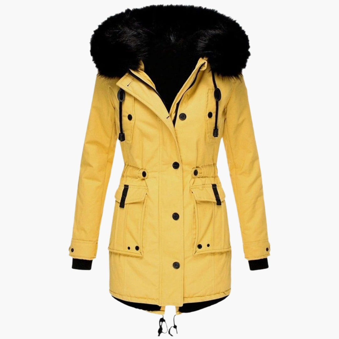 Winterjas voor dames met bontcapuchon in Geel