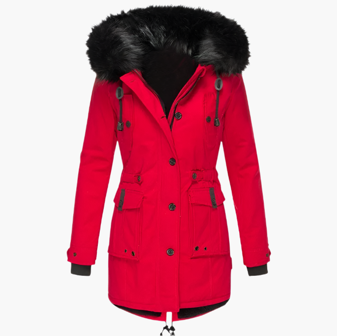 Winterjas voor dames met bontcapuchon in Rood